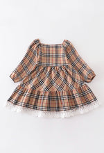 Load image into Gallery viewer, Tan plaid tiered lace dress