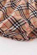 Load image into Gallery viewer, Tan plaid ruffle baby romper
