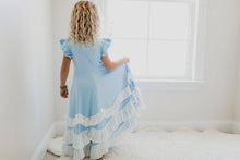 Load image into Gallery viewer, Kids Light Blue Ruffles Flutter Sleeve Rosette Frock Dress
