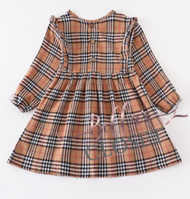 Load image into Gallery viewer, Brown Vintage Plaid Ruffle Dress
