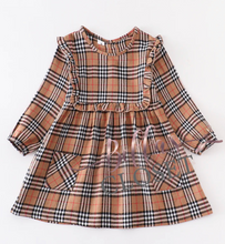 Load image into Gallery viewer, Brown Vintage Plaid Ruffle Dress
