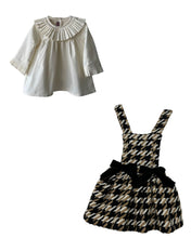 Load image into Gallery viewer, Pied de poule dungaree skirt with Ivory pleated collar blouse
