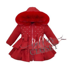 Load image into Gallery viewer, BABY GIRL LONG RED PUFFER COAT FRILLY BOTTOM

