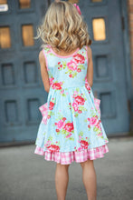Load image into Gallery viewer, Kids Pink &amp; Blue Floral Gingham Check Pocket Ruffle Dress
