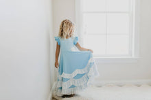 Load image into Gallery viewer, Kids Light Blue Ruffles Flutter Sleeve Rosette Frock Dress
