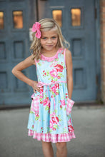 Load image into Gallery viewer, Kids Pink &amp; Blue Floral Gingham Check Pocket Ruffle Dress
