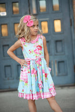 Load image into Gallery viewer, Kids Pink &amp; Blue Floral Gingham Check Pocket Ruffle Dress
